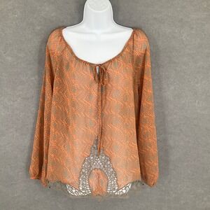 Blu Pepper Top Women's Sz L Orange Brown Sheer Flowy Long Sleeve Boho Lace‎ Trim